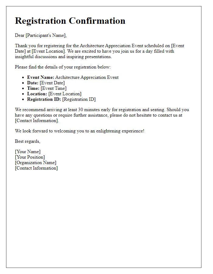 Letter template of registration confirmation for architecture appreciation event.