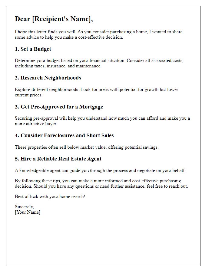 Letter template of advice for cost-effective home purchasing