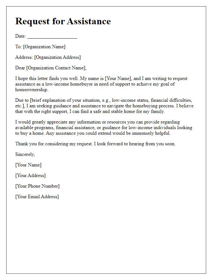 Letter template of assistance request for low-income homebuyers