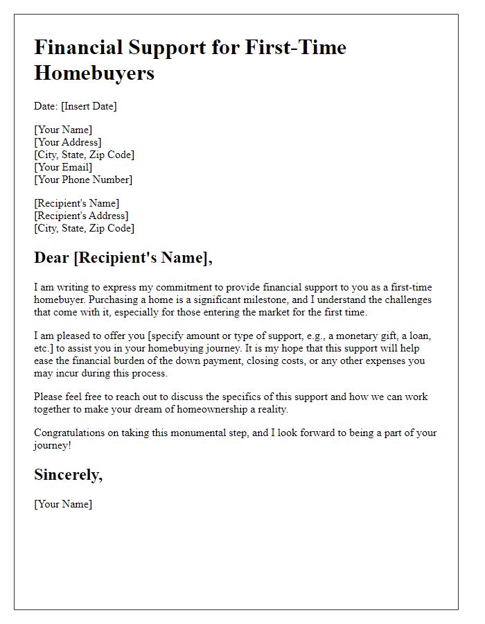 Letter template of financial support for first-time homebuyers