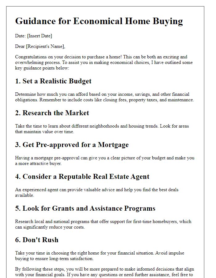 Letter template of guidance for economical home buying