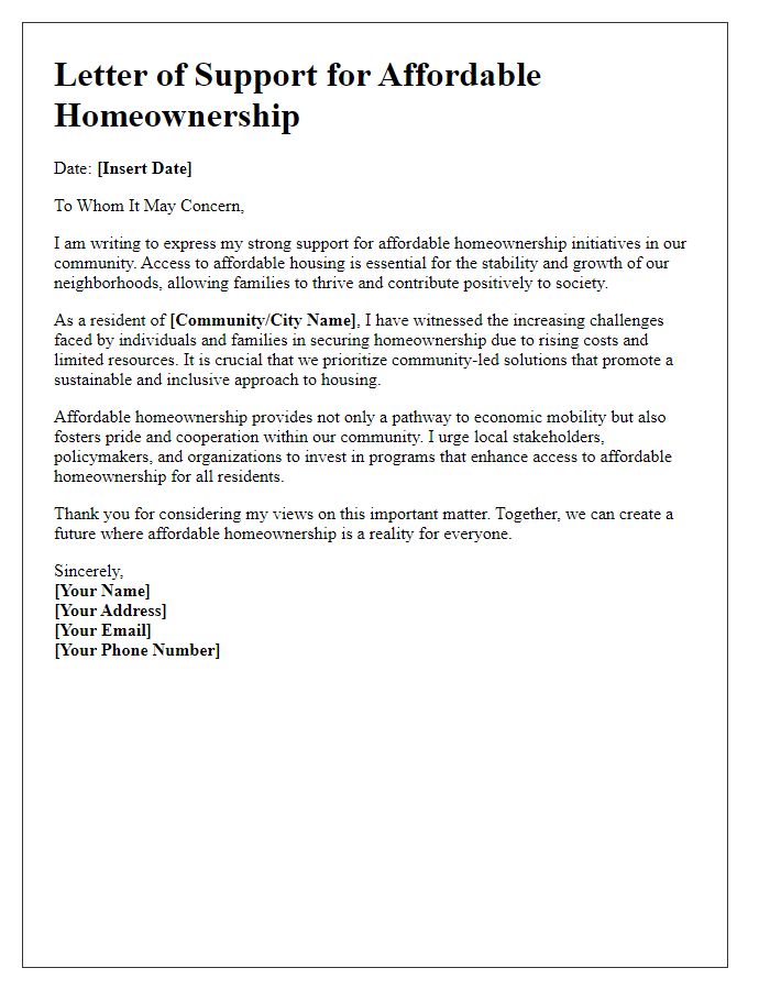 Letter template of support for affordable homeownership