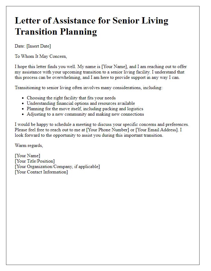 Letter template of assistance for senior living transition planning