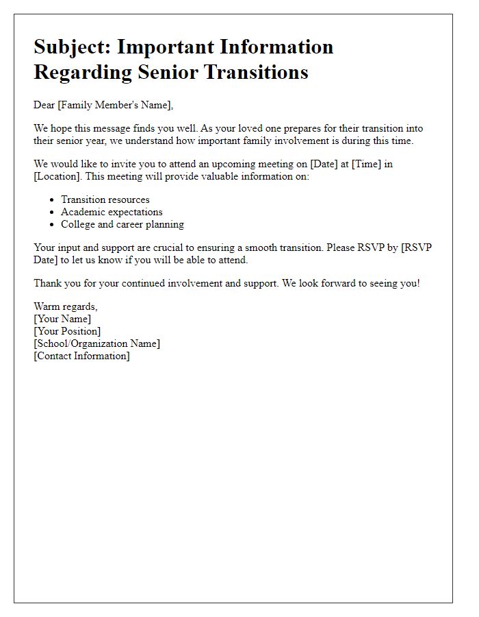 Letter template of communication for family involvement in senior transitions