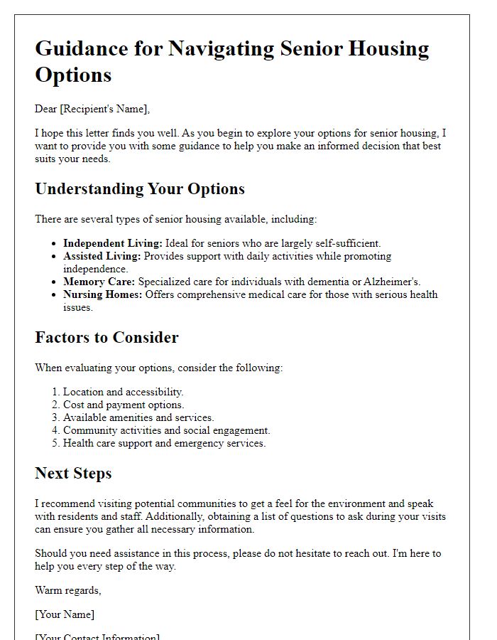 Letter template of guidance for navigating senior housing options