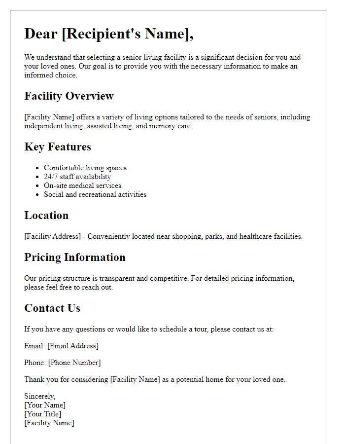 Letter template of information for selecting senior living facilities