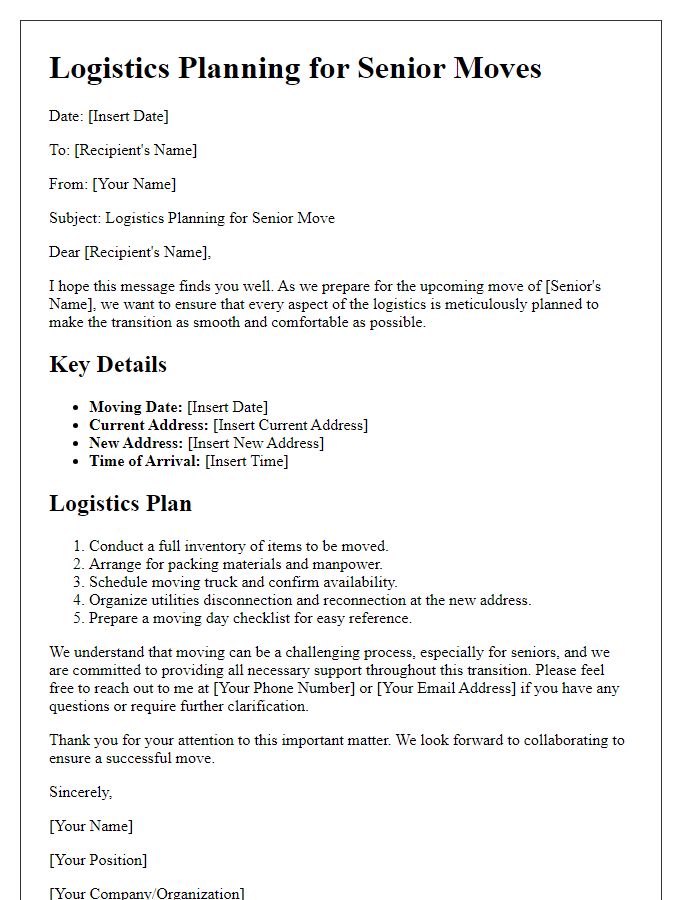 Letter template of logistics planning for senior moves