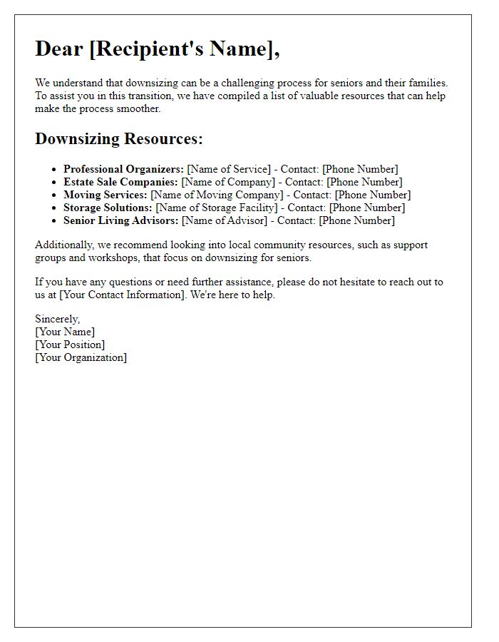 Letter template of resources for downsizing senior residences