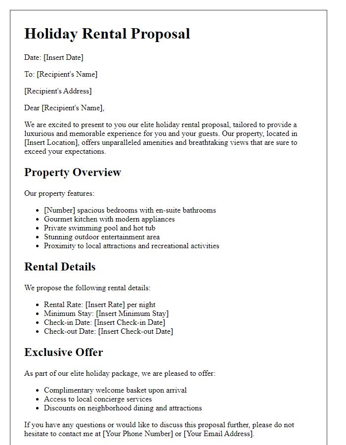 Letter template of elite holiday rental proposal