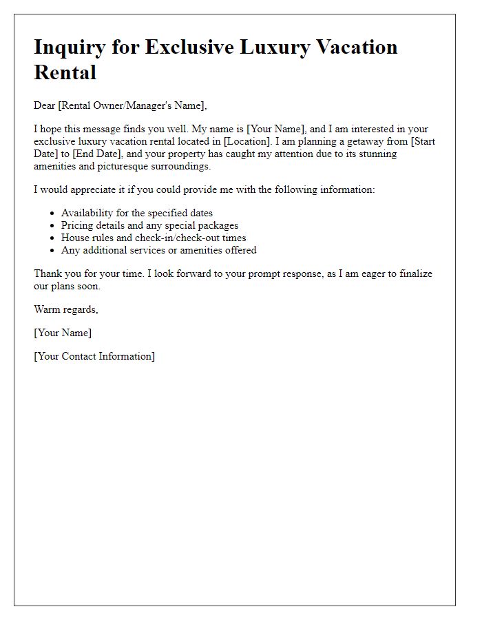 Letter template of exclusive luxury vacation rental inquiry