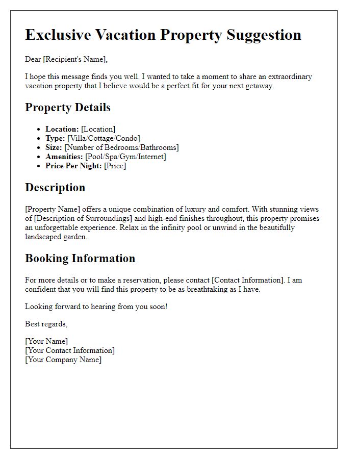 Letter template of opulent vacation property suggestion