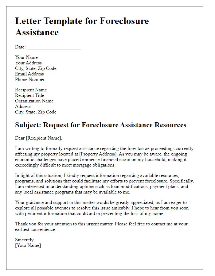 Letter template of demand for foreclosure assistance resources.