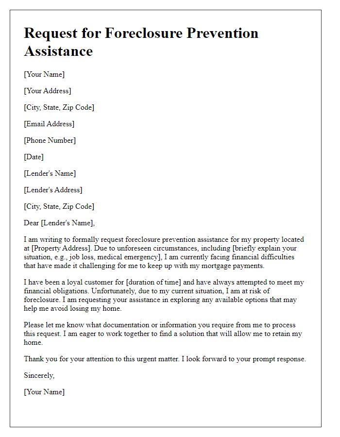 Letter template of request for foreclosure prevention assistance.