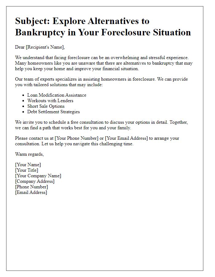 Letter template of solicitation for bankruptcy alternatives in foreclosure situations.