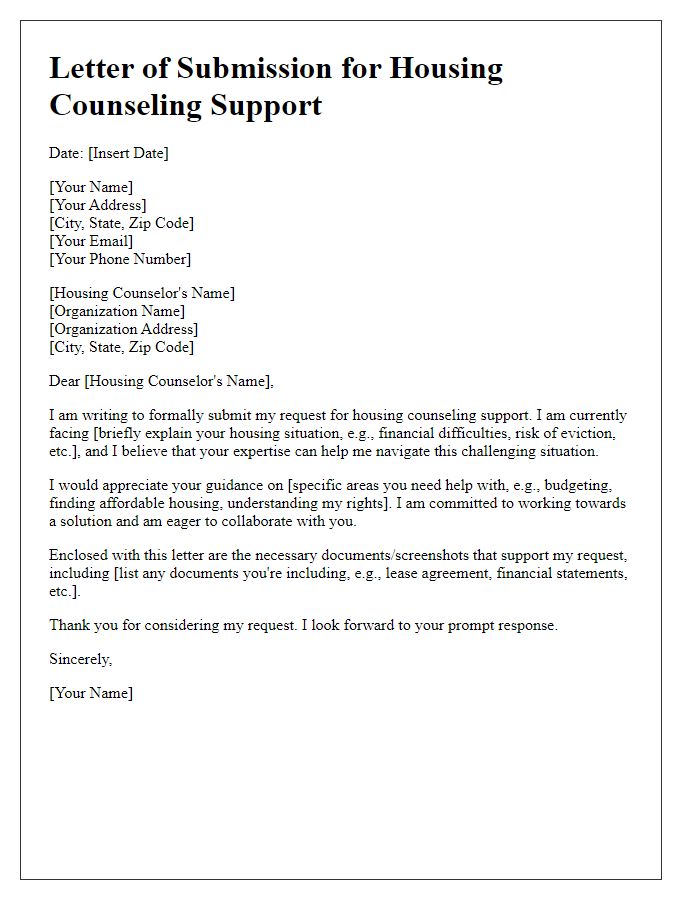 Letter template of submission for housing counseling support.