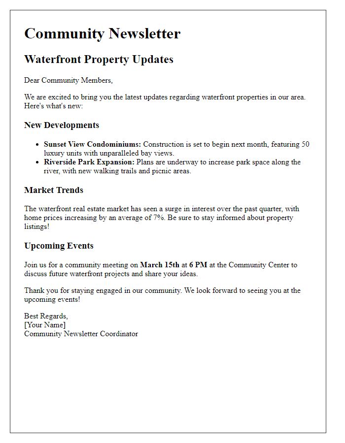 Letter template of community newsletter featuring waterfront property updates