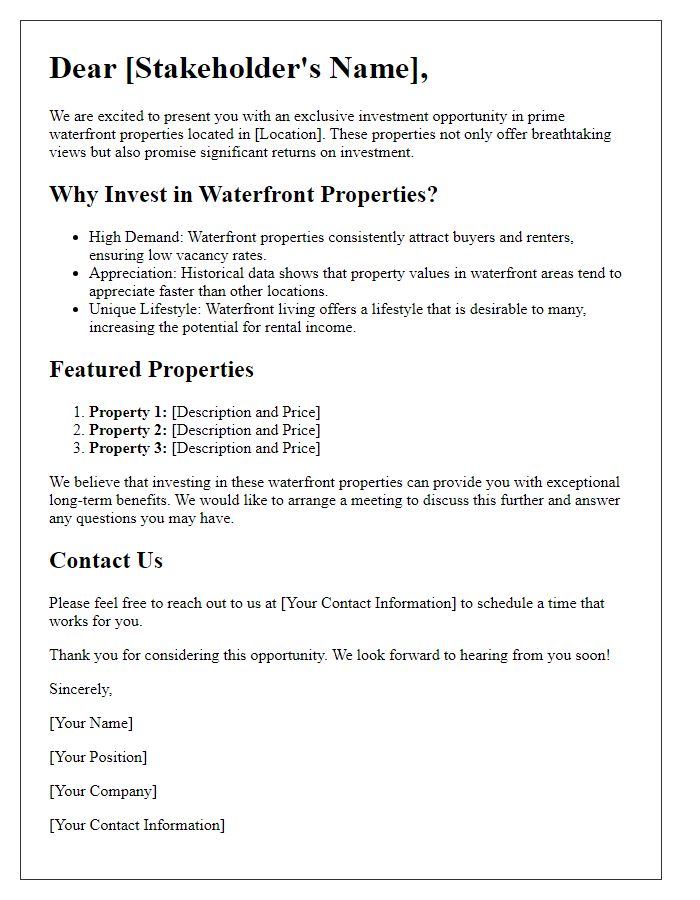 Letter template of investment guide for potential waterfront property stakeholders