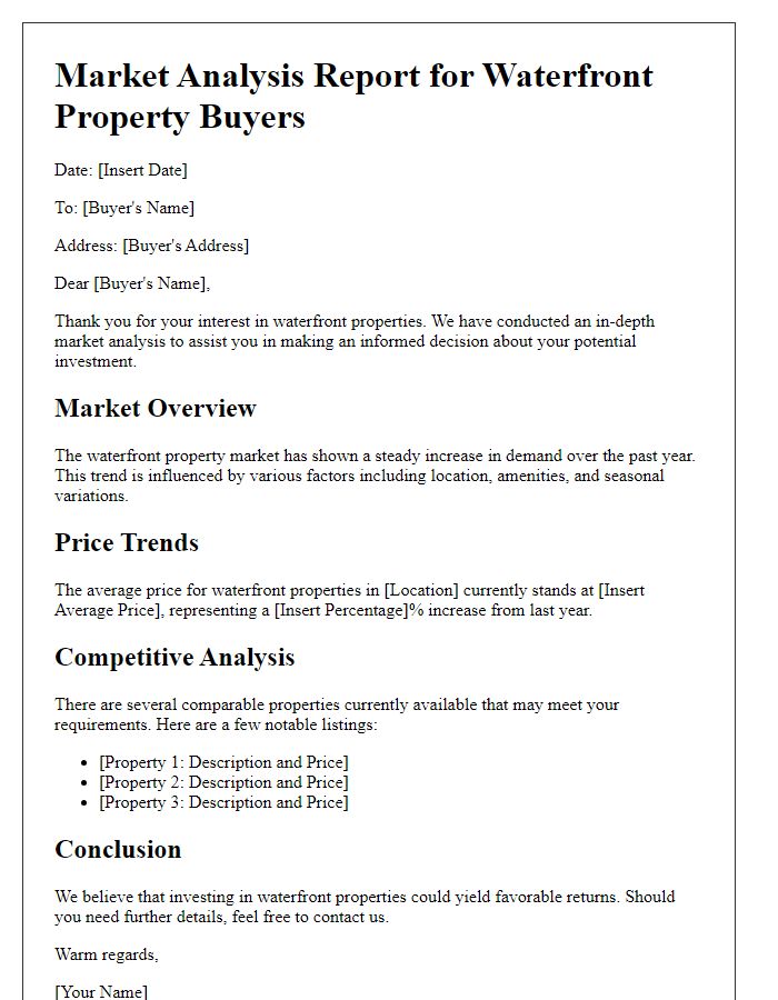 Letter template of market analysis report for waterfront property buyers