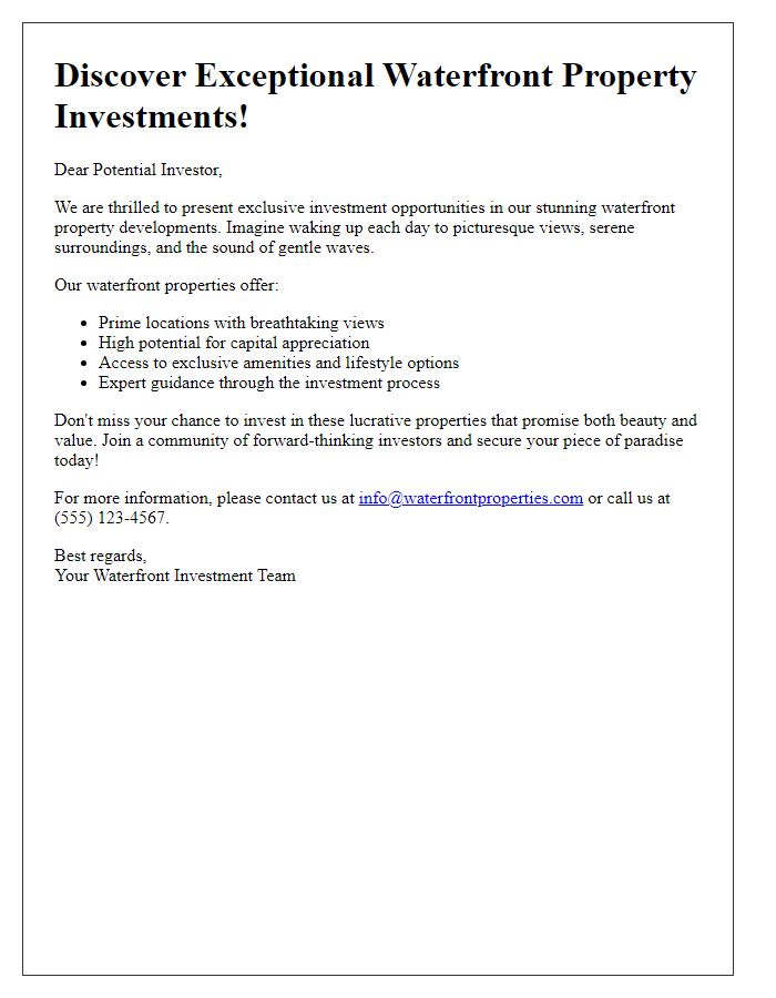 Letter template of promotional brochure for waterfront property investment opportunities