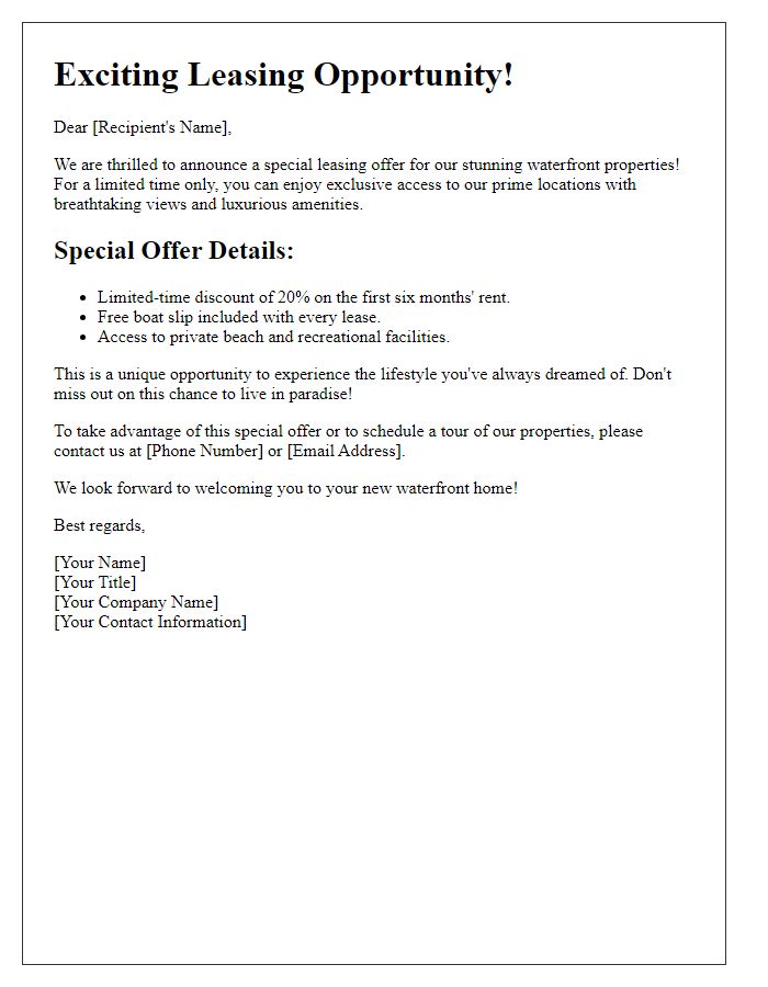 Letter template of special offer announcement for waterfront property leasing