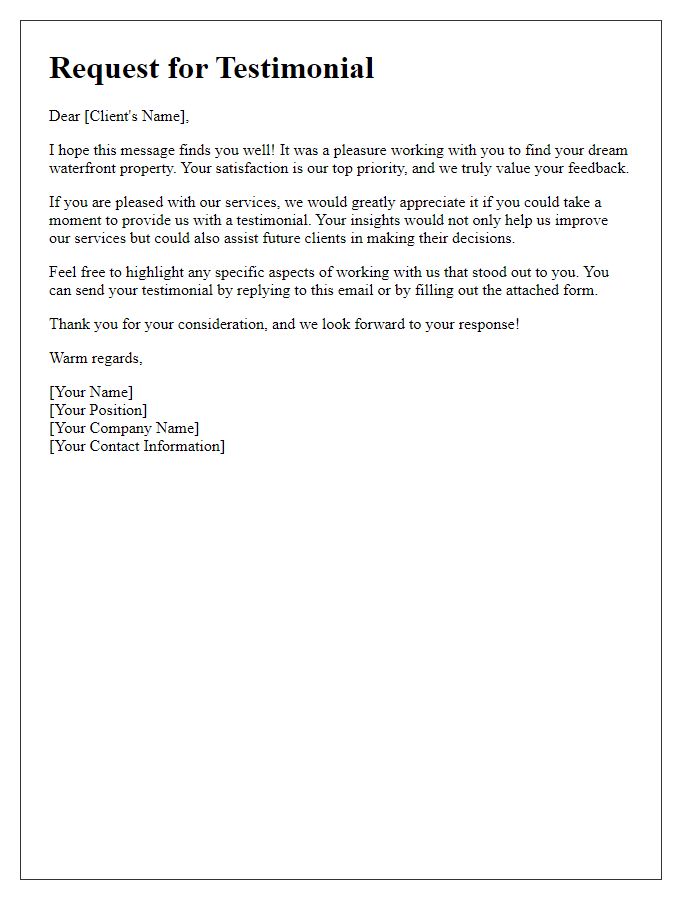 Letter template of testimonial request for satisfied waterfront property clients