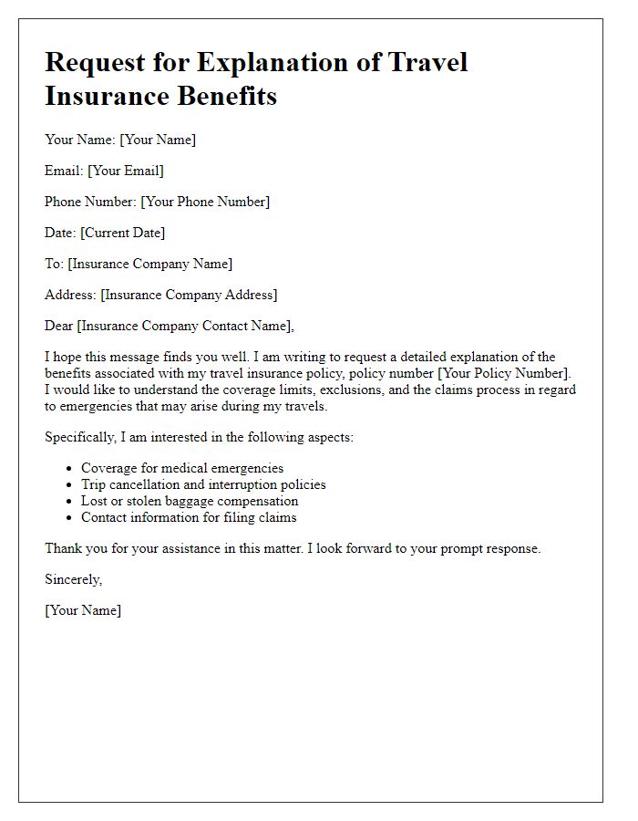 Letter template of travel insurance benefits explanation request