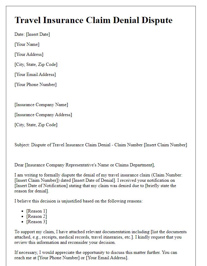 Letter template of travel insurance claim denial dispute