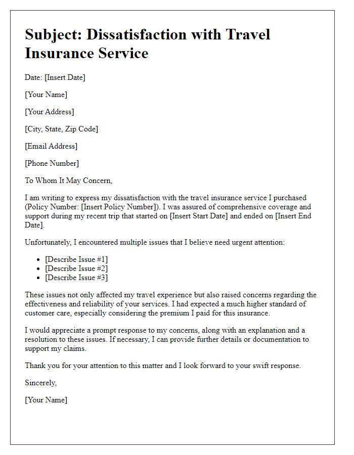 Letter template of travel insurance service dissatisfaction