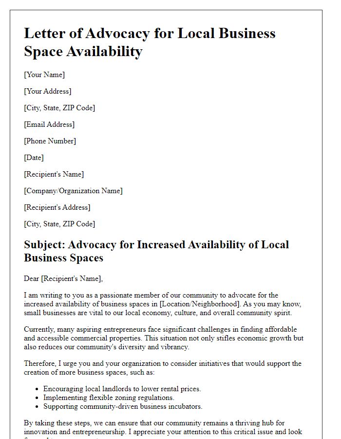 Letter template of advocacy for local business space availability