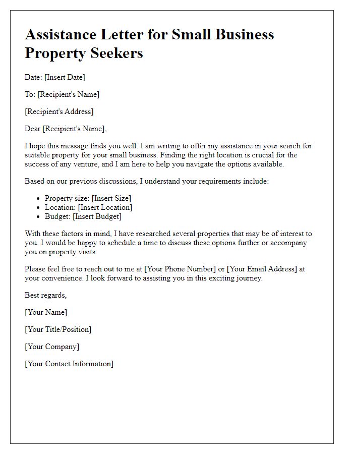 Letter template of assistance for small business property seekers