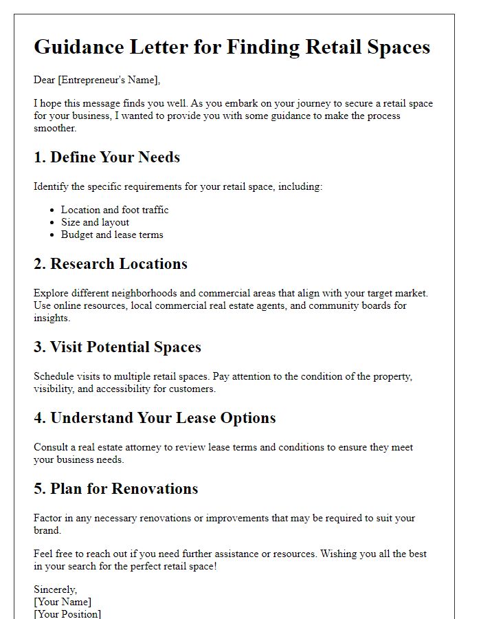 Letter template of guidance for entrepreneurs in finding retail spaces