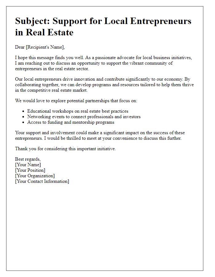 Letter template of outreach for supporting local entrepreneurs in real estate