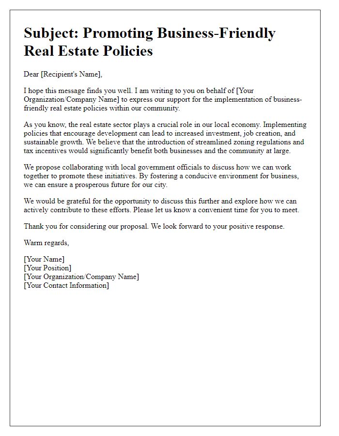 Letter template of promotion for business-friendly real estate policies