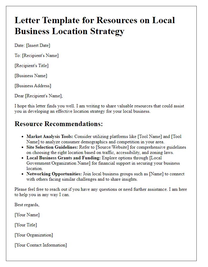 Letter template of resources for local business location strategy