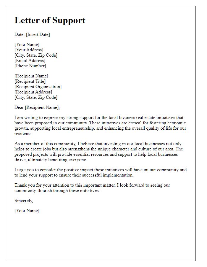 Letter template of support for local business real estate initiatives