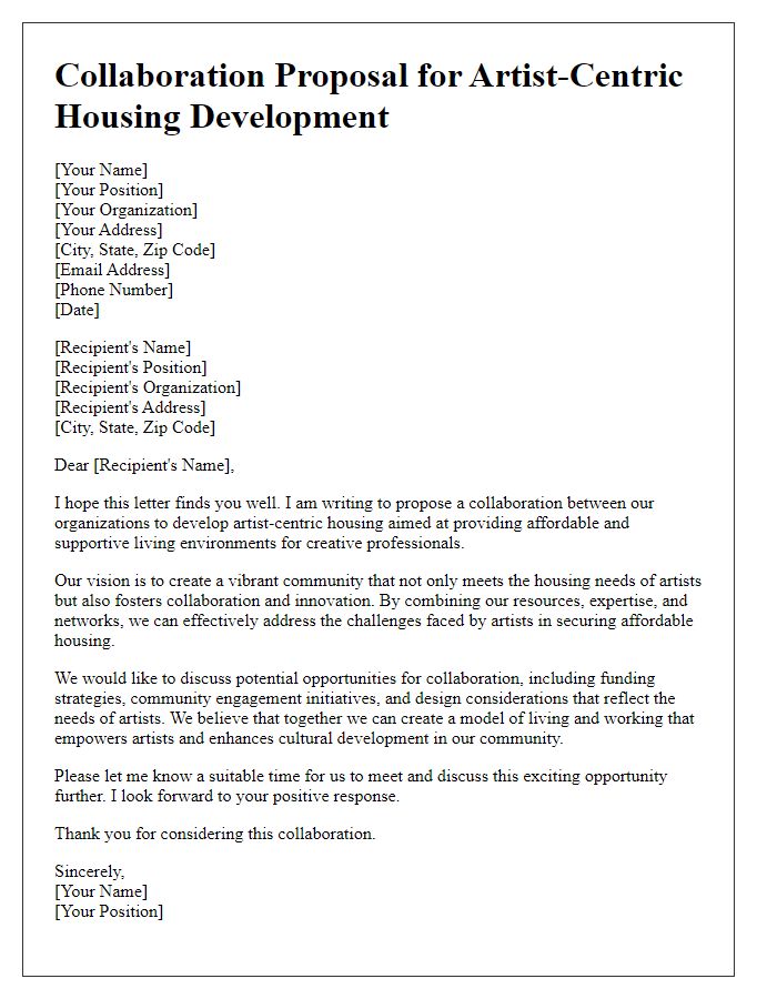 Letter template of collaboration for developing artist-centric housing