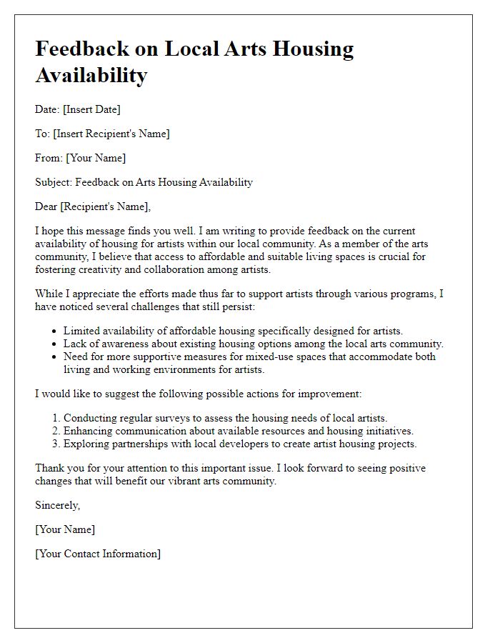 Letter template of feedback on local arts housing availability