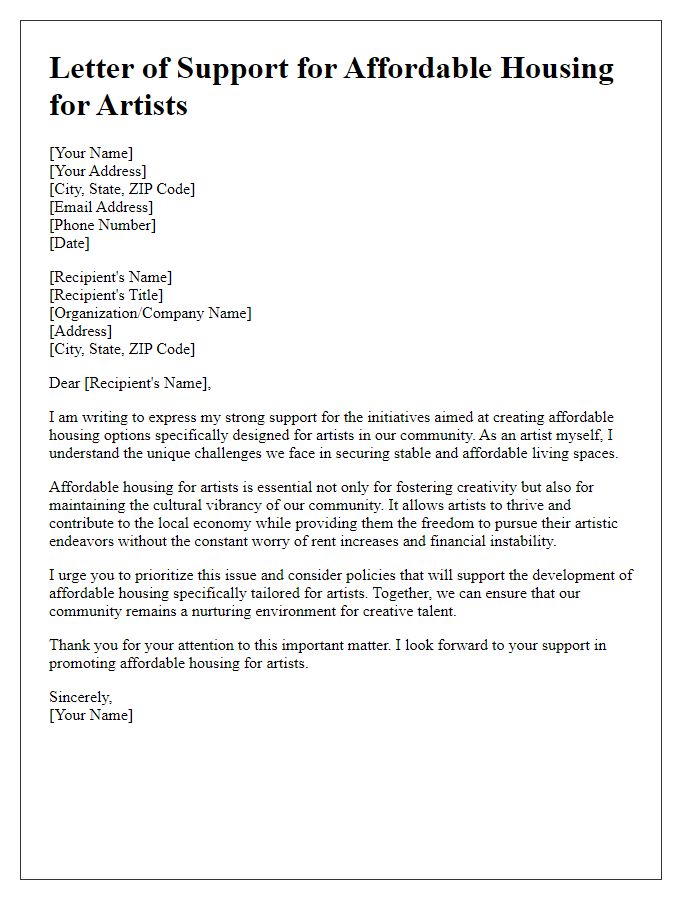 Letter template of support for affordable housing for artists