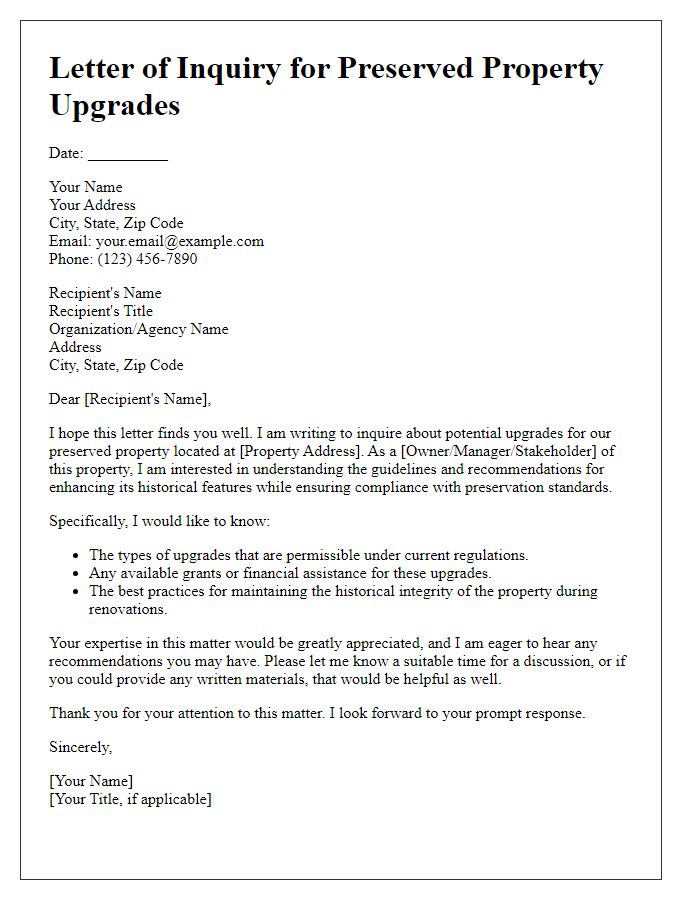 Letter template of advice inquiry for preserved property upgrades