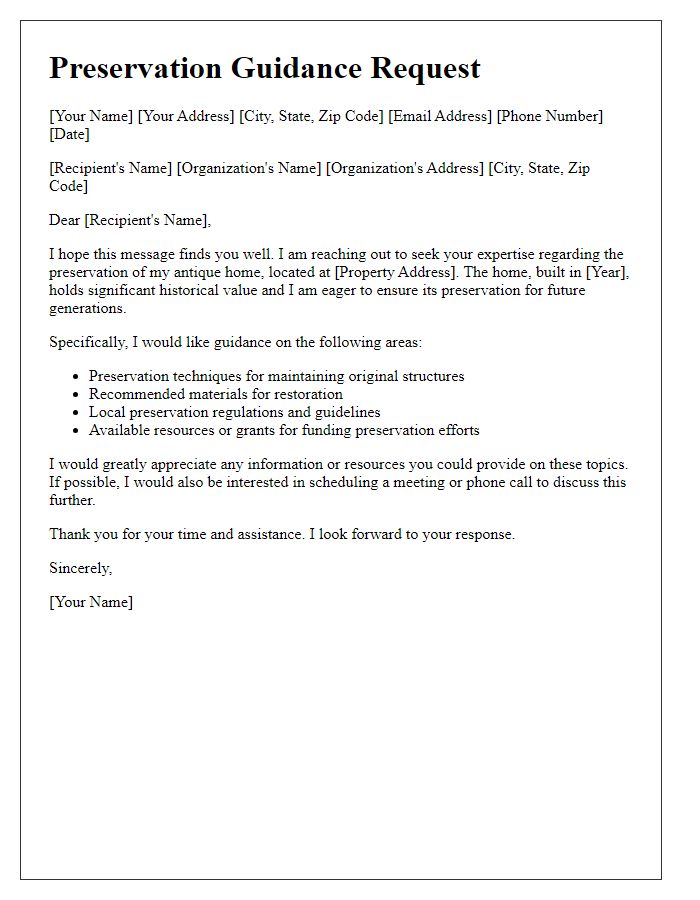 Letter template of guidance request for antique home preservation