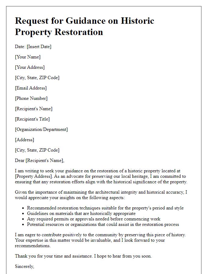 Letter template of historic property restoration guidance request