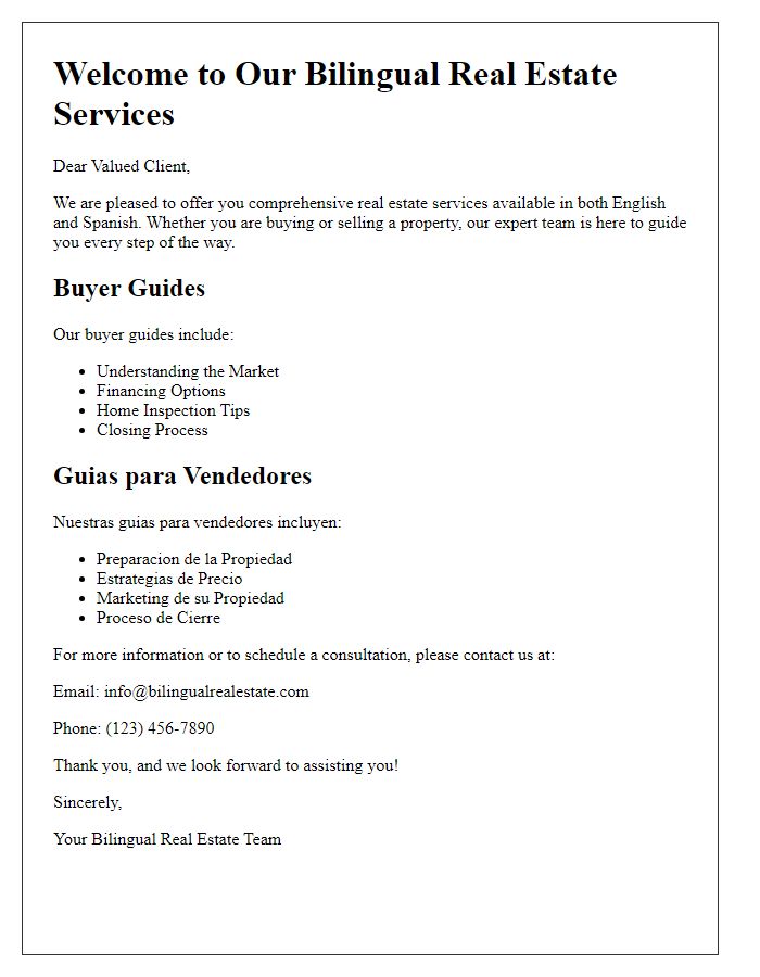 Letter template of bilingual real estate services for buyer and seller guides