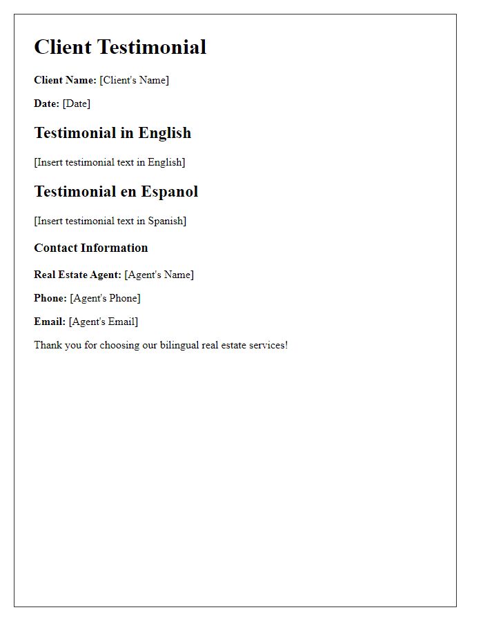 Letter template of bilingual real estate services for client testimonials