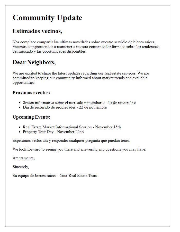 Letter template of bilingual real estate services for community updates