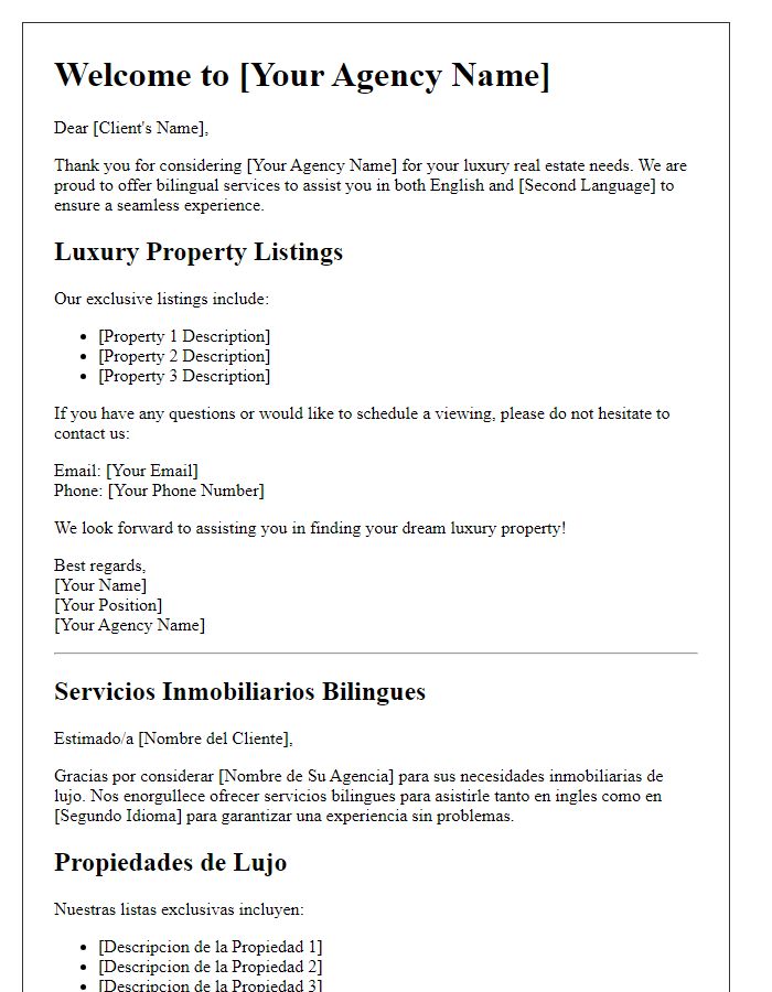 Letter template of bilingual real estate services for luxury property listings