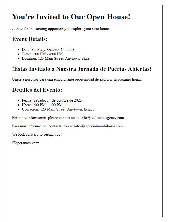 Letter template of bilingual real estate services for open house invitations