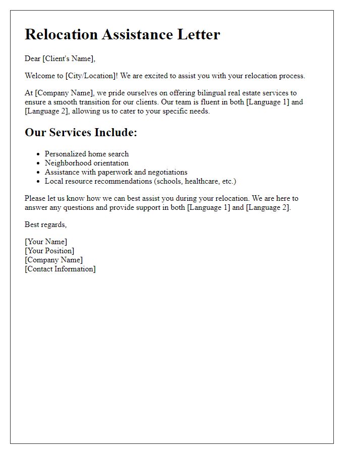 Letter template of bilingual real estate services for relocation assistance