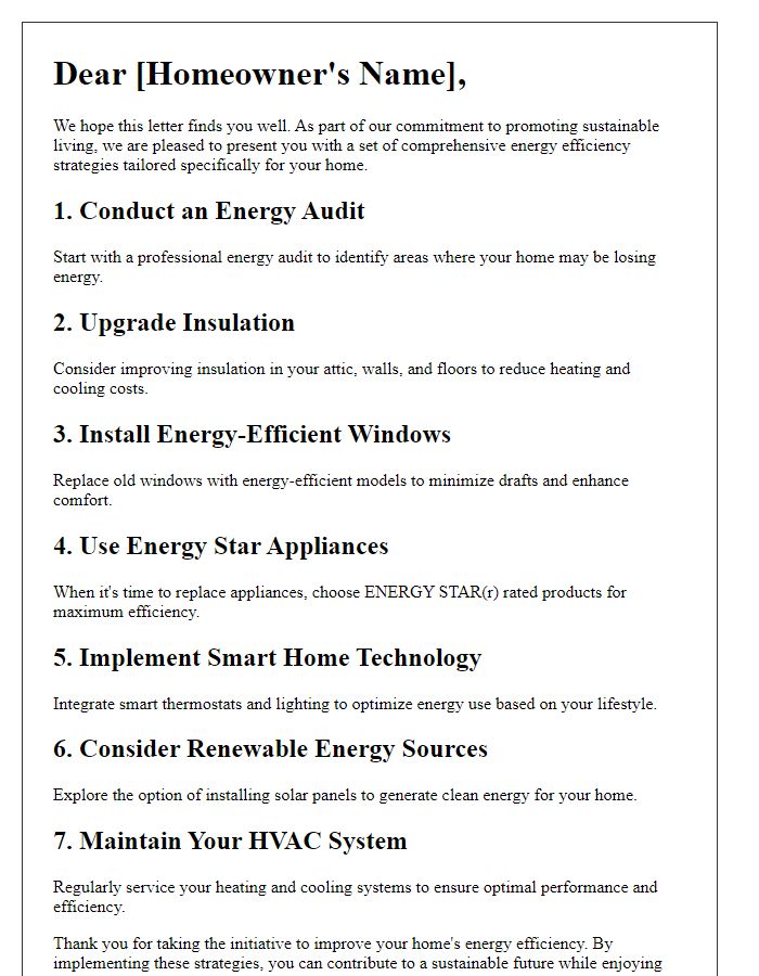 Letter template of comprehensive energy efficiency strategies for homeowners