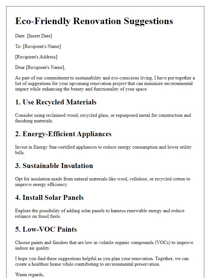 Letter template of eco-friendly renovation suggestions