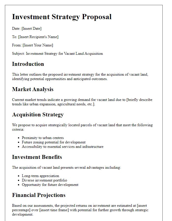 Letter template of investment strategy for vacant land acquisition